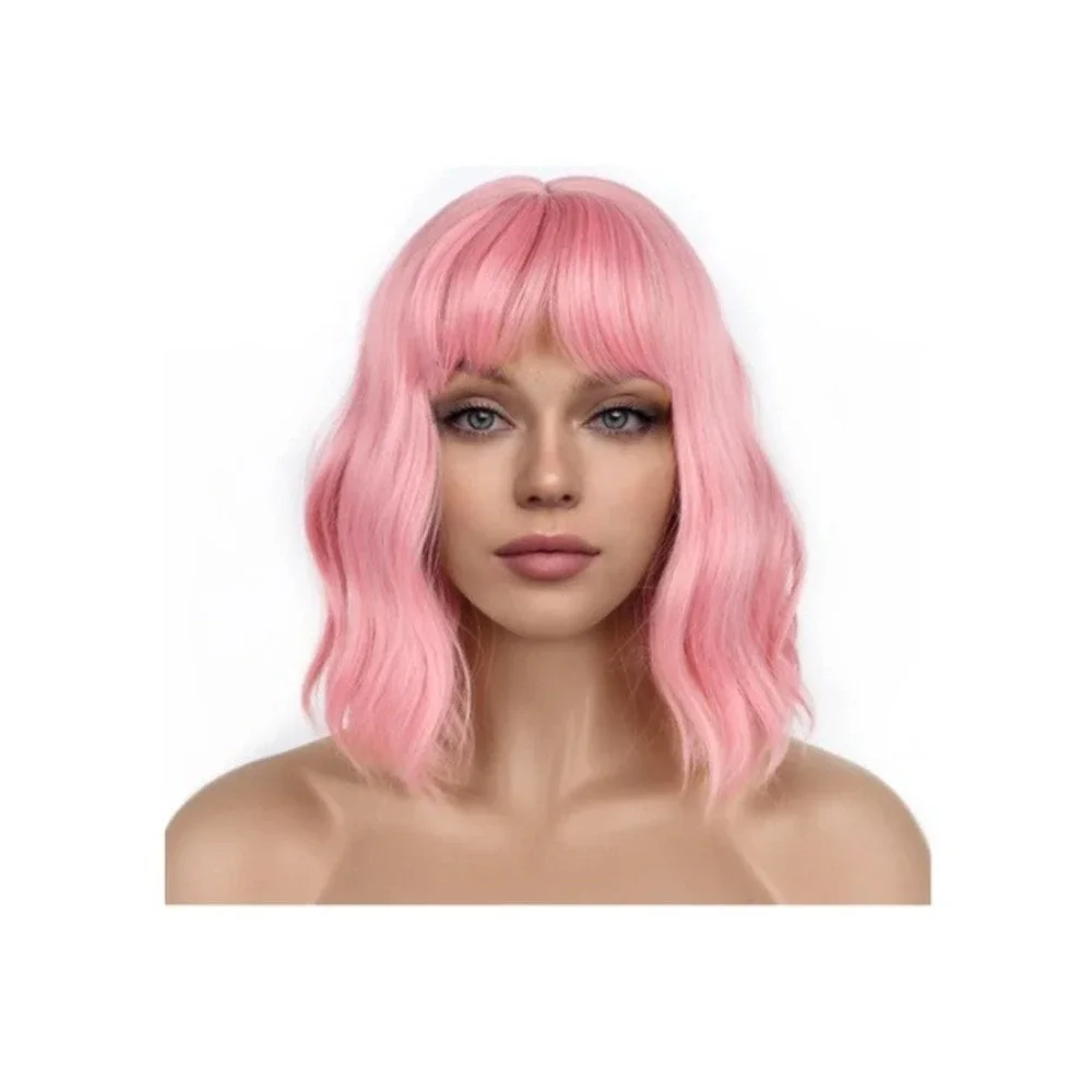 LANCAINI Pink Short Bob Wig with Bangs Wavy Curly Synthetic Cosplay Wig